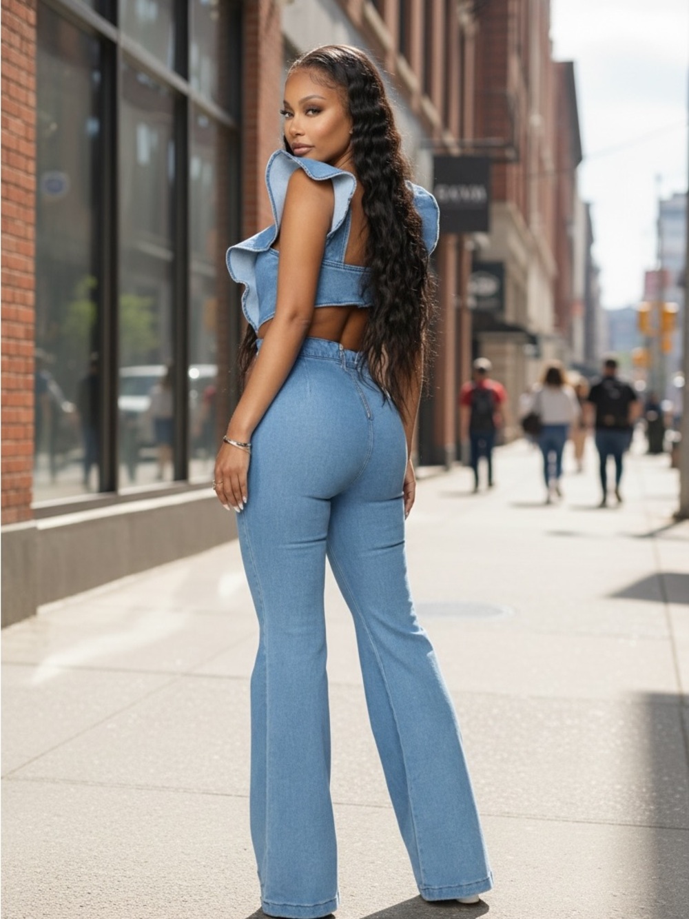 New!! Light Wash Denim Ruffle Cutout Jumpsuit - Picture 4 of 5